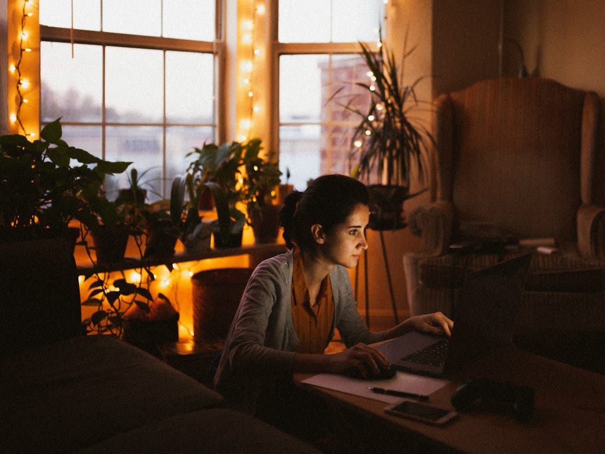 Woman on a laptop in a cosy living room in the evening