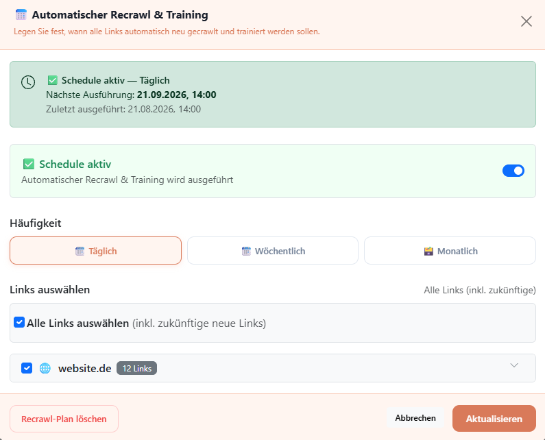 Screenshot of the automatic recrawl and training settings for website content